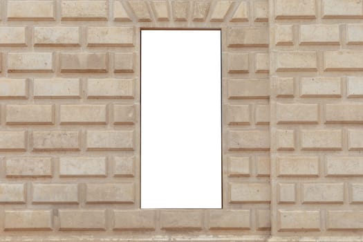 Vertical blank billboard set in a textured sandstone wall, perfect for advertisements or custom content in a historical or urban setting. Empty, copy space for your picture, text. Billboard mock up