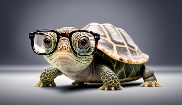 Cute little green turtle wearing glasses. Selective focus. animals Generative AI,