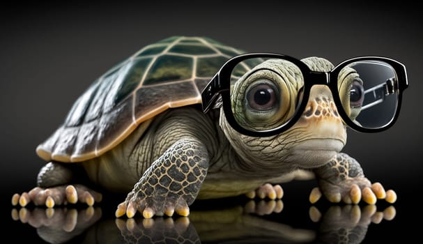 Cute little green turtle wearing glasses. Selective focus. animals Generative AI,