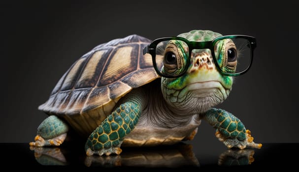 Cute little green turtle wearing glasses. Selective focus. animals Generative AI,