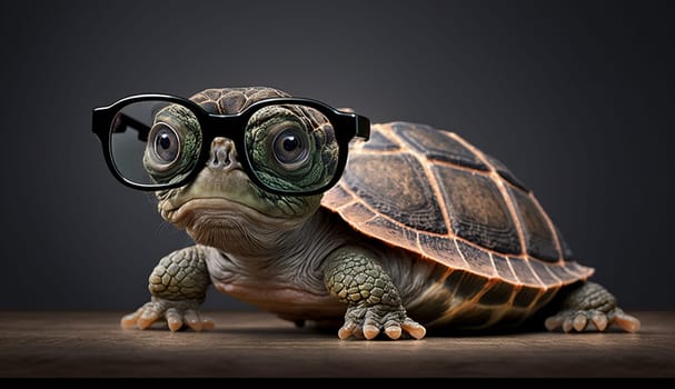 Cute little green turtle wearing glasses. Selective focus. animals Generative AI,