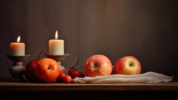 Autumn Harvest: Rustic Fruit Basket on Wooden Table with Candlelight