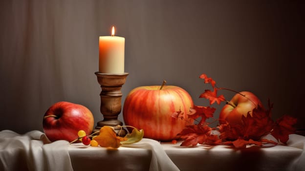 Autumnal Pumpkin Decor on Rustic Wooden Table: A Festive Still Life of Seasonal Harvest, Nature's Bounty, and Candlelight Glow