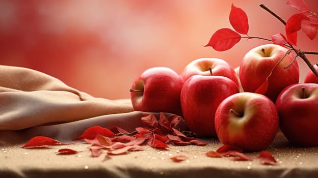 Harvest Delight: A Colorful Autumn Bounty of Fresh, Juicy Red Apples on a Rustic Wooden Table with Leafy Background