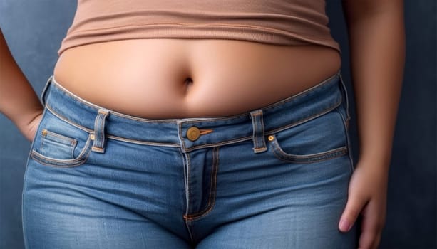 Troubled overweight woman in tight jeans clothes. Big chubby bellied in pants. Overweight person with too small clothes closeup