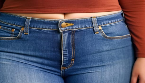 Troubled overweight woman in tight jeans clothes. Big chubby bellied in pants. Overweight person with too small clothes closeup