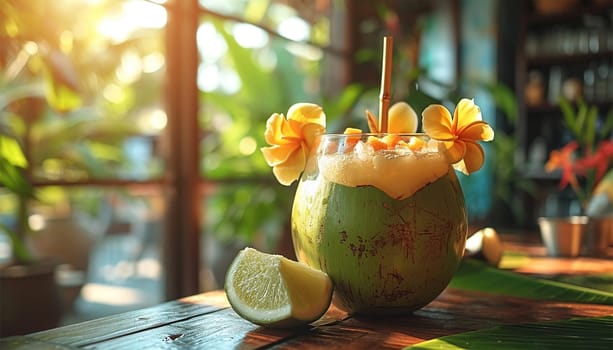 Tropical Fresh green coconut drink with paper straw and rainbow umbrella standing on wooden board near pool water tropical beach resort background with copy space . Mockup card Vacation exotic Space for text