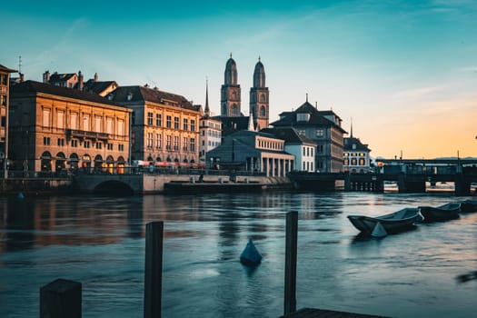 View of the River Limmat and the old town of Zurich with Grossmunster. High quality photo