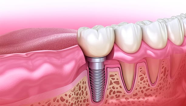 Closeup white tooth and gum with Dental implant , Human Teeth for Medical Concept, 3d illustration. Dental teeth implant healthy teeth and tooth human dentura close up
