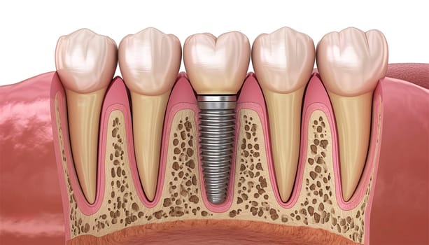 Closeup white tooth and gum with Dental implant , Human Teeth for Medical Concept, 3d illustration. Dental teeth implant healthy teeth and tooth human dentura close up