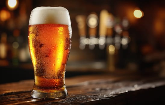 Glass of beer on wooden table. Blurred background with space for text, copyspace, banner.