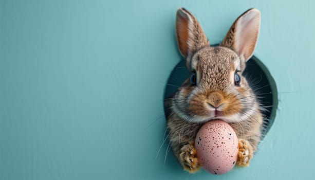 Easter bunny or rabbit peeking out a hole holding a painted Easter egg, spring holiday greeting card, pink pastel color, minimailism Copy space pink and blue