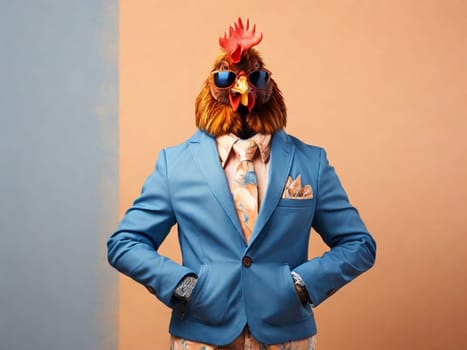 Business rooster, hen, in a blue business jacket, sunglasses.