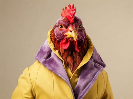 Fashionable rooster, hen in a yellow-violet jacket on a purple background.
