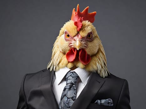 Business rooster boss in a business suit with a tie on a dark background.