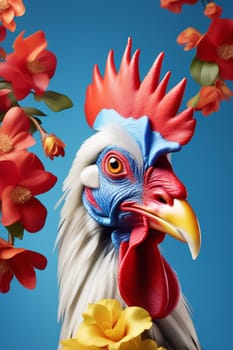 A funny rooster with blue feathers in a multi-colored jacket, on a blue background with flowers. design for printing t-shirts, mugs, covers, etc