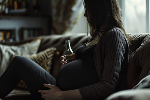 Faceless pregnant woman with bottle of alcohol sitting on the sofa
