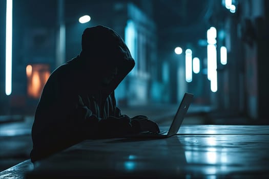 Faceless hacker in a dark hoodie with laptop