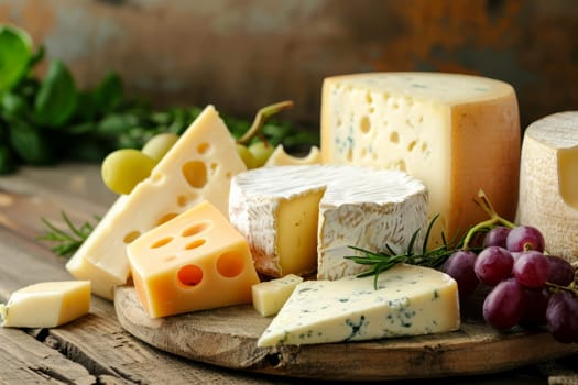 Different kinds of delicious cheese on table