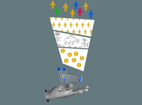 Collage with a marketing funnel and a hand holding shopping cart.