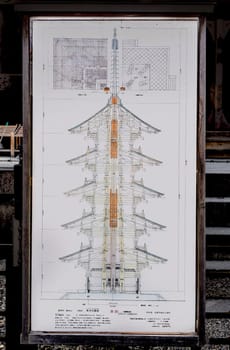 kyoto, japan - march 25 2023: Architectural or technical drawing depicting a five-storied pagoda from edo era standing in Toji temple used during the construction of the Tokyo Skytree Tower in 2012.