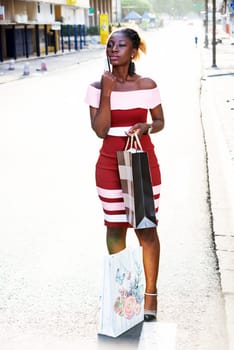 Portrait of young attractive woman holding shopping bags and a credit card, reflecting on her expenses to make in shop. concept of urban lifestyle concept in the background.