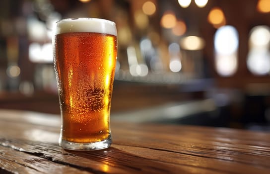 Glass of beer on wooden table. Blurred background with space for text, copyspace, banner.