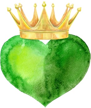 Watercolor heart with golden crown, painted by hand