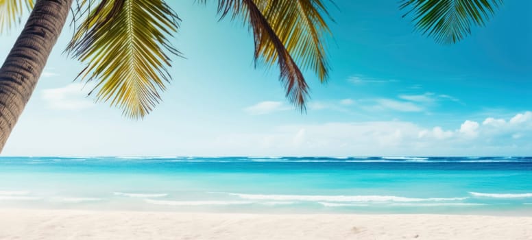 Serene tropical beach landscape with a palm tree leaning over a tranquil blue ocean under a clear sky.