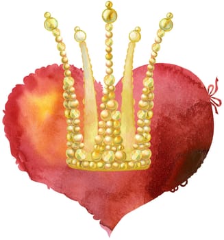 Watercolor red heart with light and shade with golden crown, painted by hand