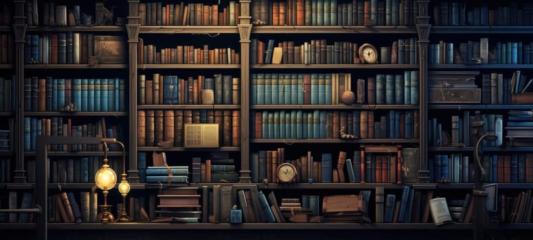 An extensive collection of various books organized neatly on wooden shelves in a private library.