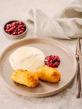 Crispy breaded cutlet. Dish with two perfect crunchy cutlet and potatoes puree on plate. Delicious fried cutlets in bread crumbs made from beef, pork, chicken meat or fish