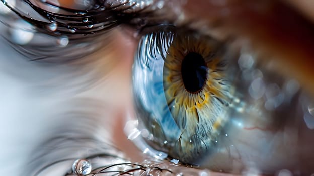 yellow and blue eye close up with drops on eyelashes, generative ai. High quality photo