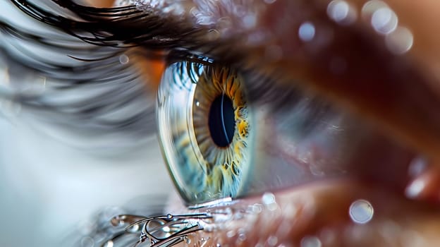 yellow and blue eye close up with drops on eyelashes, generative ai. High quality photo