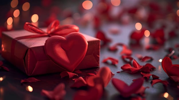 red wrapped gift box and paper heart, valentines present, generative ai. High quality photo