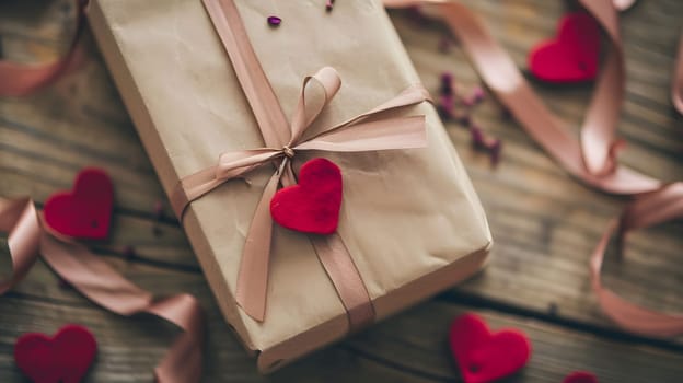 red wrapped gift box and paper heart, valentines present, generative ai. High quality photo