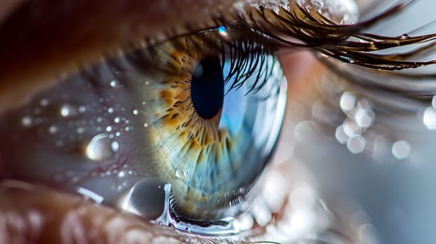 yellow and blue eye close up with drops on eyelashes, generative ai. High quality photo