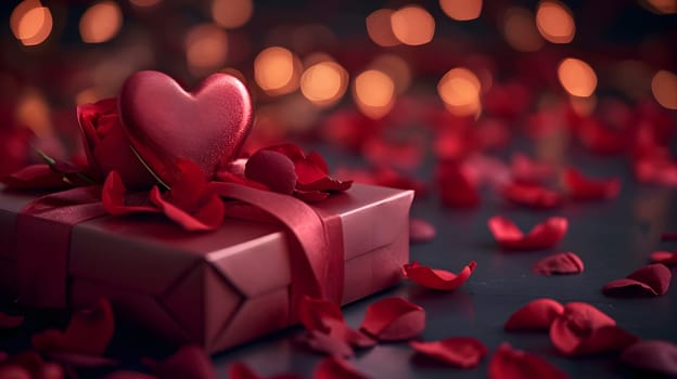 red wrapped gift box and paper heart, valentines present, generative ai. High quality photo