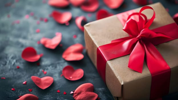 red wrapped gift box and paper heart, valentines present, generative ai. High quality photo