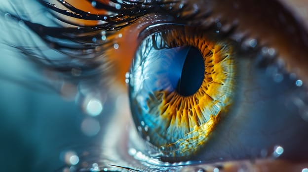 yellow and blue eye close up with drops on eyelashes, generative ai. High quality photo