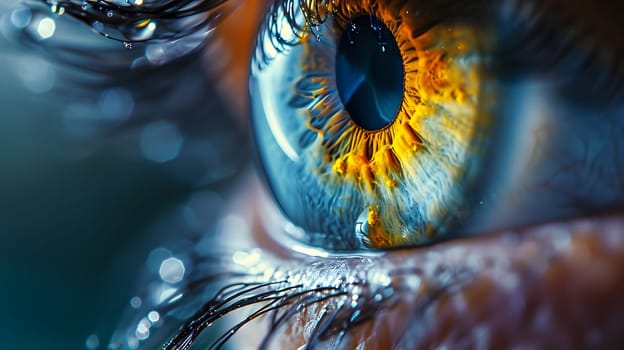 yellow and blue eye close up with drops on eyelashes, generative ai. High quality photo