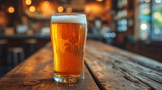 Glass of beer on wooden table. Blurred background with space for text, copyspace, banner.