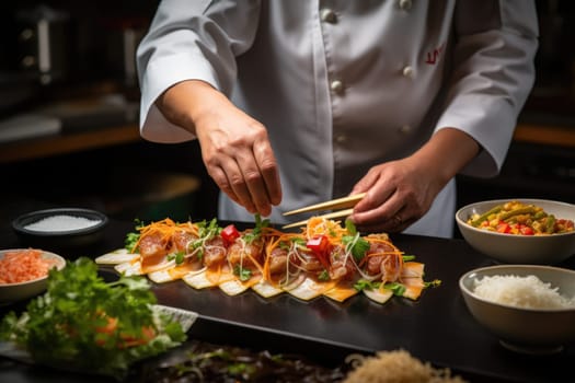 Closeup of chef hands preparing japanese food, ai generated