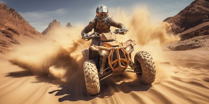 Offroad safari in sand desert. Quad bike on sand dune. ai generated