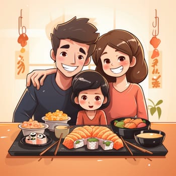 family dinner, people holding the chopsticks on sushi set, illustration in cartoon style. ai generated