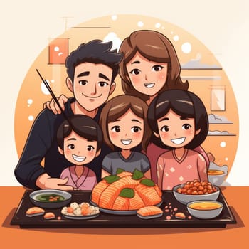 family dinner, people holding the chopsticks on sushi set, illustration in cartoon style. ai generated