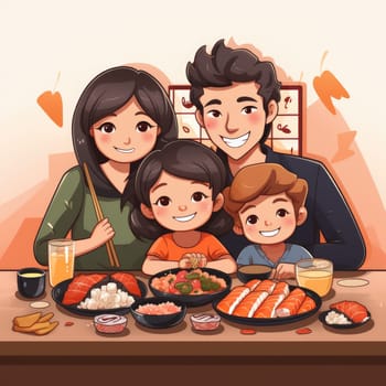 family dinner, people holding the chopsticks on sushi set, illustration in cartoon style. ai generated