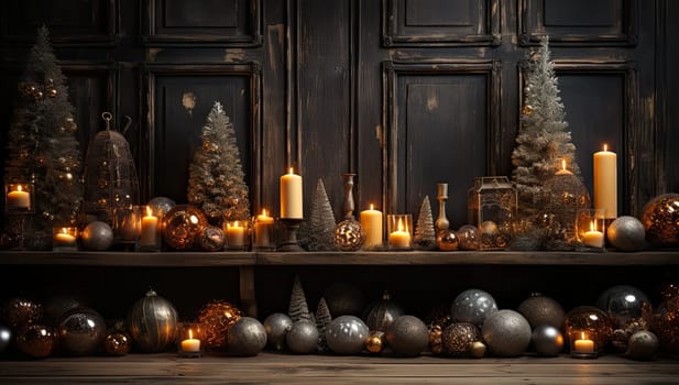 Empty table in front of christmas tree with decorations background. For product display montage.