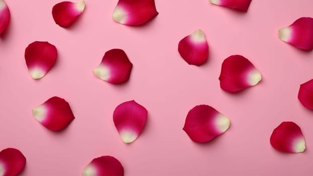 Red Rose Petals on Soft Pink Surface for Elegant Love Themes, top view, flat lay