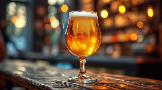 Glass of beer on wooden table. Blurred background with space for text, copyspace, banner.